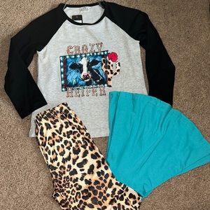 Girls Crazy Heifer/Leopard Turquoise Bell Bottom Set